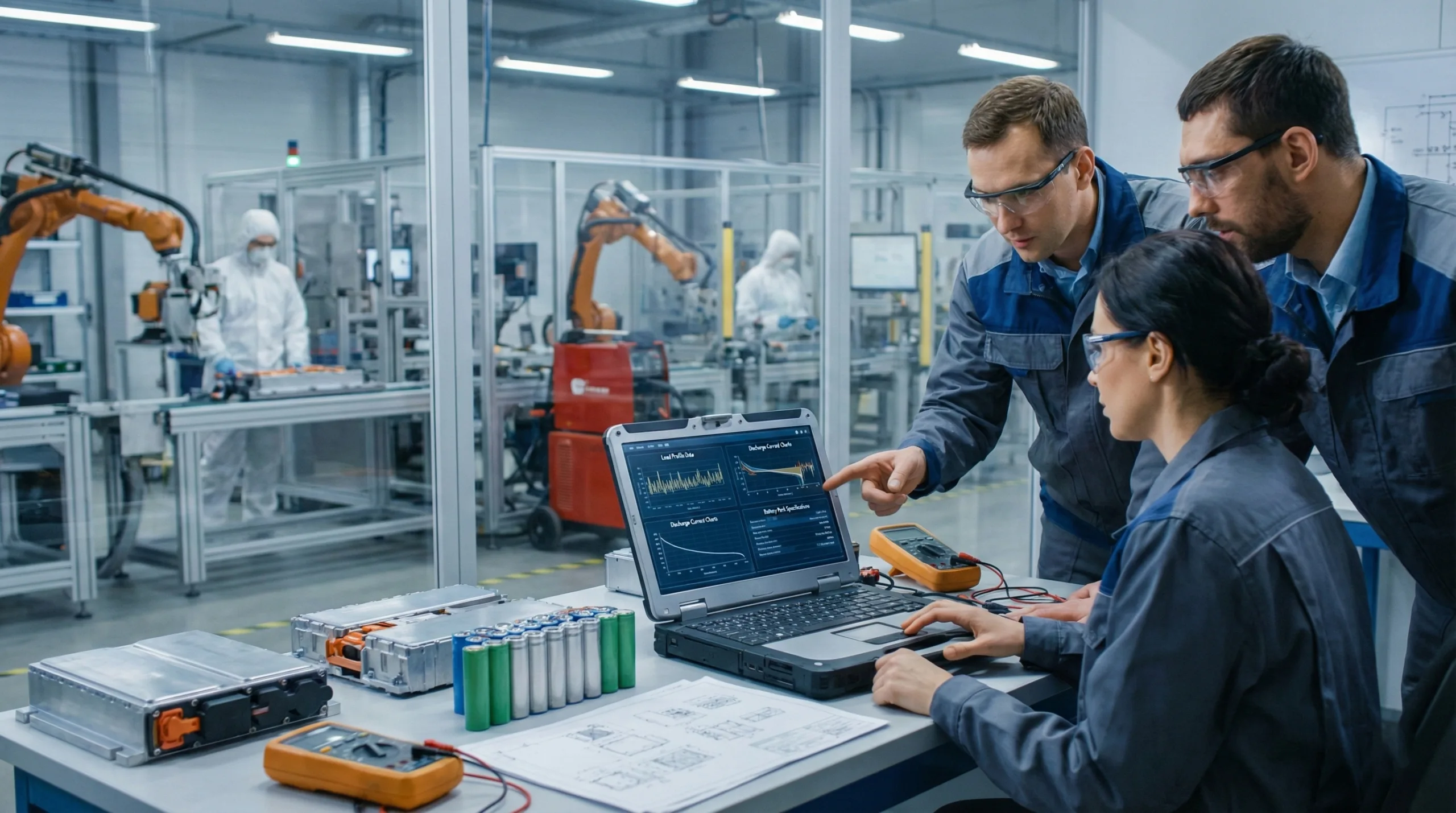 Engineers analyze lithium battery load profile data, discharge current charts, and technical specifications on a laptop screen in a factory laboratory. Battery samples and cells are arranged on the workbench with a production line visible through a glass partition.