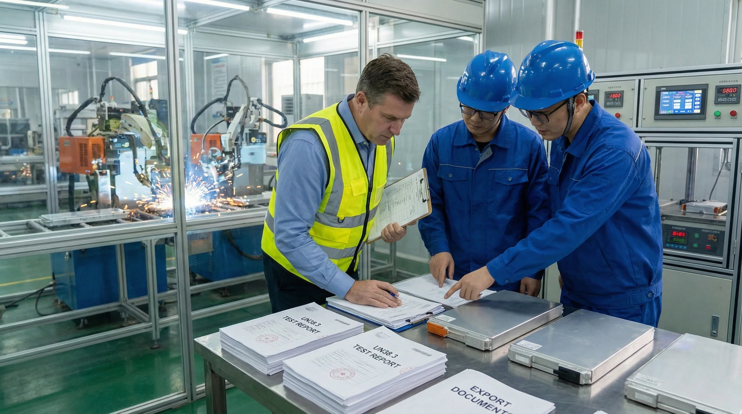 A U.S. industrial buyer wearing a yellow safety vest reviews export documents and UN38.3 test reports with Chinese engineers at a factory workbench. The background features an active lithium battery production line with automated welding machines.